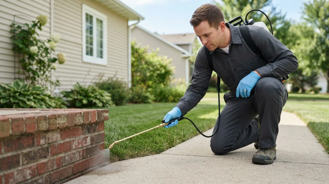 Pest control technician treating a home near Montpelier, IN