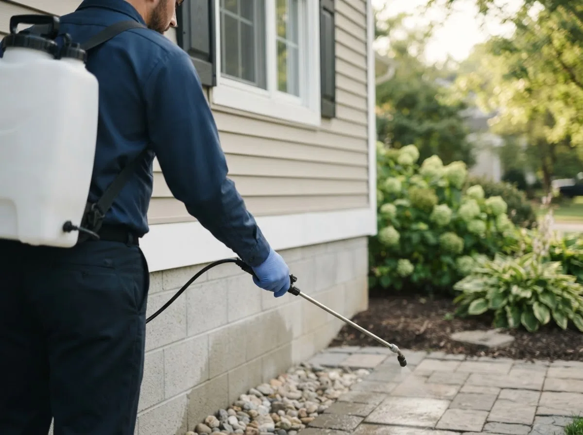 Pest control technician inspecting a home in Montpelier, IN